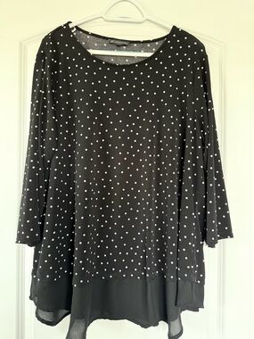 Adrianna Papell Black Top with White Polka Dots and Sheer Hem